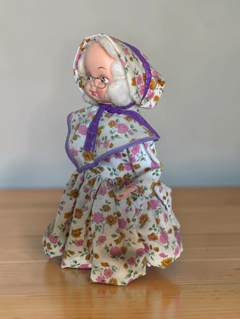 Vintage 1950s Grandma Doll with Floral Dress and Wire Glasses, Mid-Century
